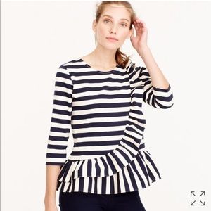 J.Crew Asymmetrical Striped Ruffle Top, 3/4 sleeve, navy and off white stripe, M